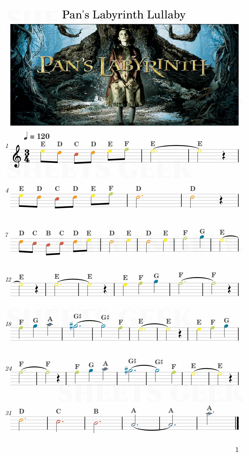 Pan's Labyrinth Lullaby Easy Sheet Music Free for piano, keyboard, flute, violin, sax, cello page 1