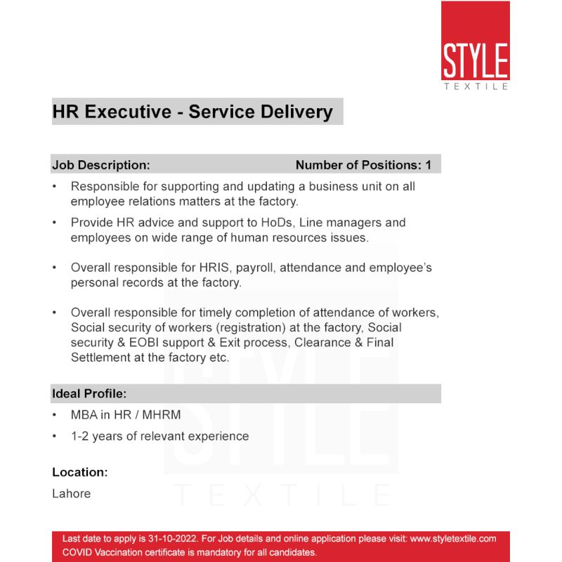 Style Textile Pvt Ltd Jobs For HR Executive Service Delivery