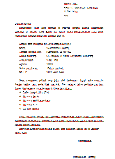 Contoh Format Surat Lamaran Kerja .Doc yang Baik