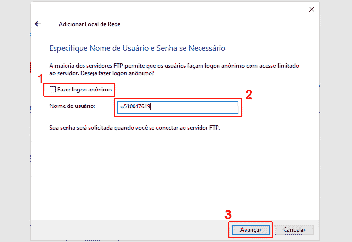 Inserindo nome de usuário e senha no Explorador de Arquivos do Windows