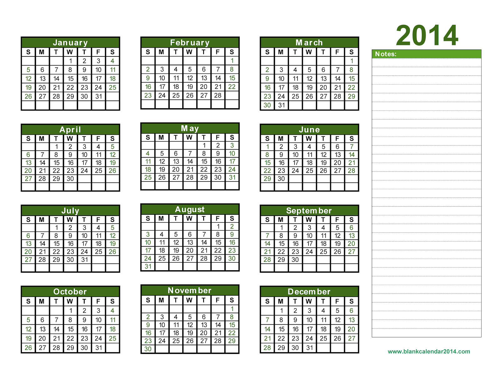 yearly calendar 2014 printable calendar 2014 blank