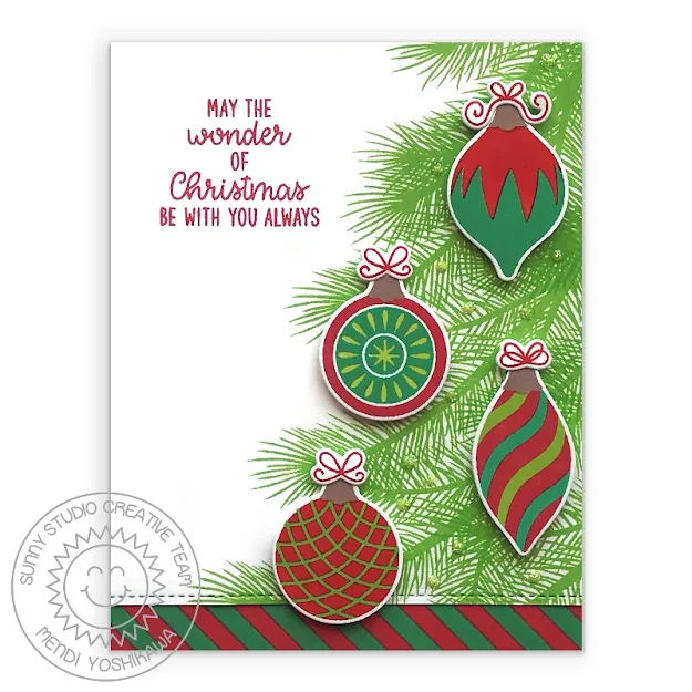 Sunny Studio Red & Green Vintage Glass Ornaments Handmade Holiday Christmas Card (using Retro Ornament, Holiday Style, Background Basic, Inside Greetings Holiday Stamps & Slimline Basic Border Dies)