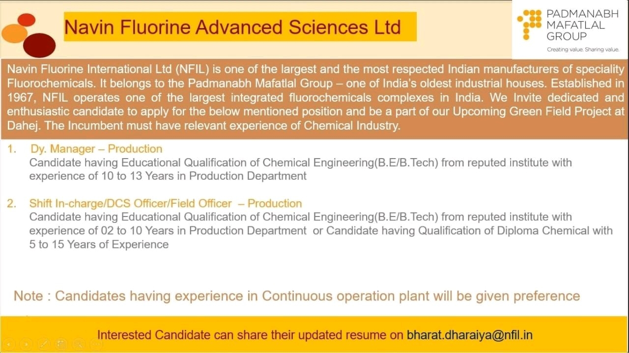 Job Availables, Navin Fluorine Advanced Science Ltd Job Opening For Manager/ Shift In Charge/ DC Field Officer