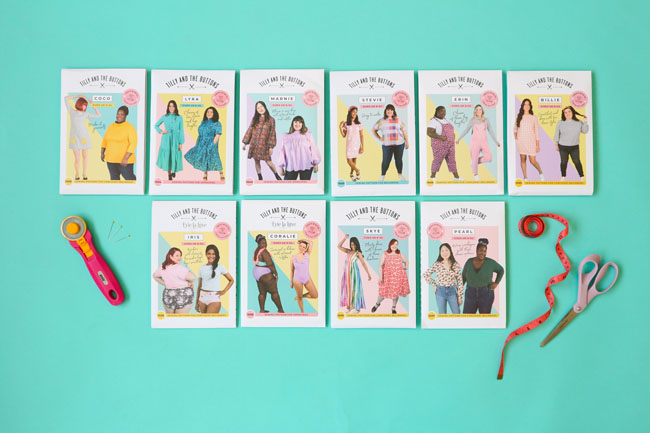 A range of colourful Tilly and the Buttons sewing patterns are shown on a turquoise background with sewing tools around them