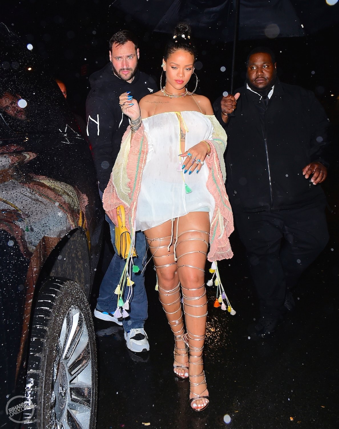 Rihanna Braless in See Through White Blouse in NYC