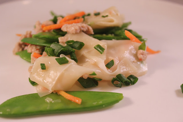 Deconstructed pork dumplings with snow peas