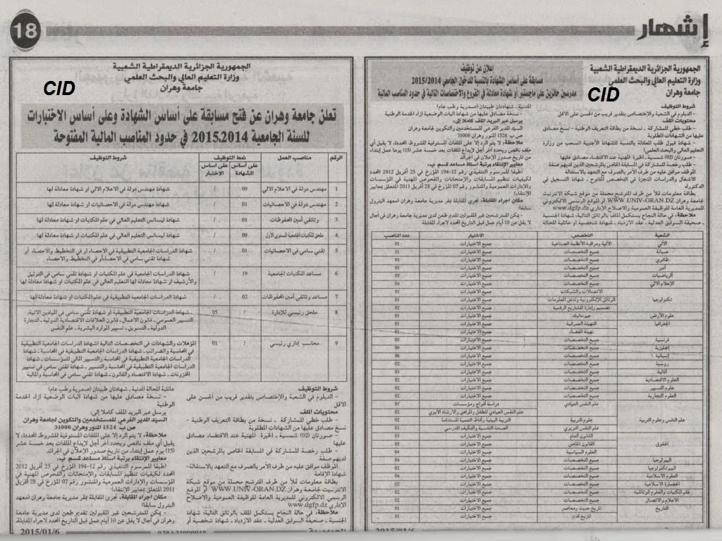 اعلان  توظيف بجامعة وهران جانفي 2015