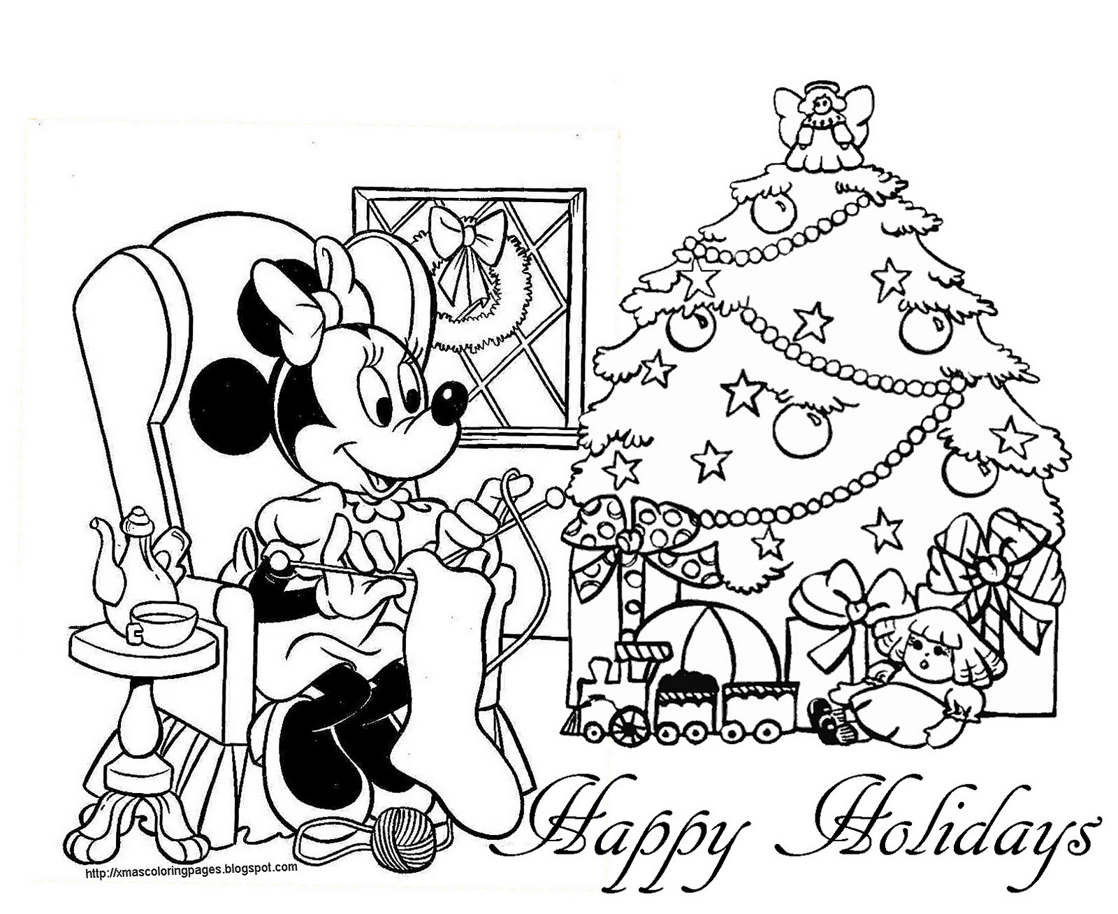 Christmas Disney coloring pictures here are two more for you to print and color one shows Minnie Mouse knitting a stocking by the Christmas tree and the