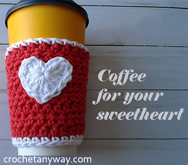 crochet coffee cup sleeve for Valentine's day