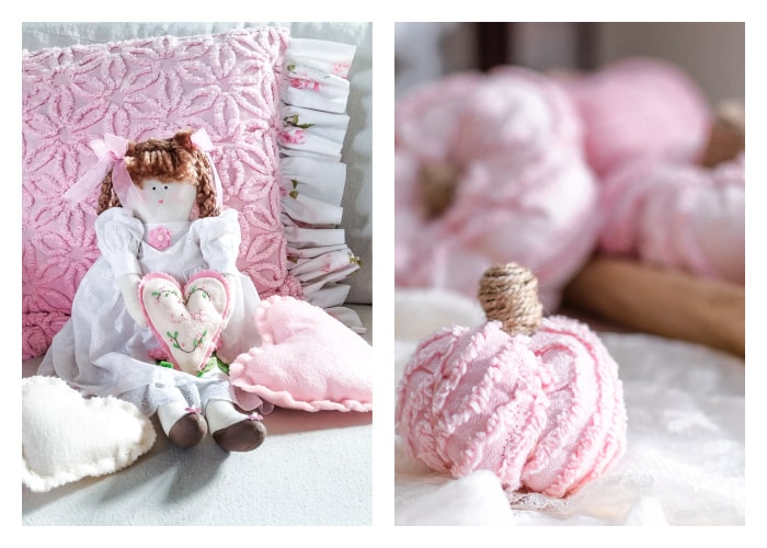 pink chenille pillow, pumpkins