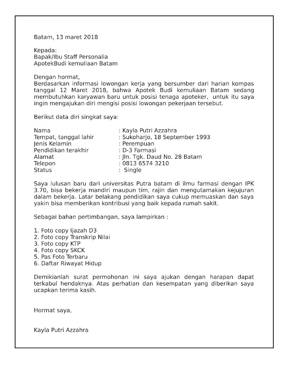 Apotek Contoh Surat Lamaran Kerja Farmasi