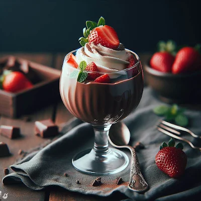 Auf dem Bild ist ein Dessertglas mit Schokoladenmousse zu sehen. Auf dem Mousse ist ein Sahnehäubchen mit frischen Erdbeeren.