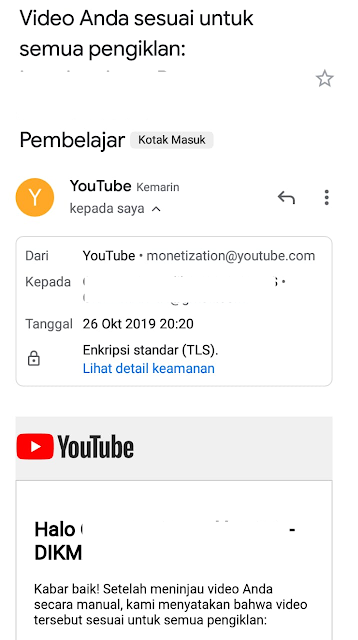 Pemberitahuan dari Youtube Bahwasanya Video Anda Sesuai untuk Semua Pengiklan