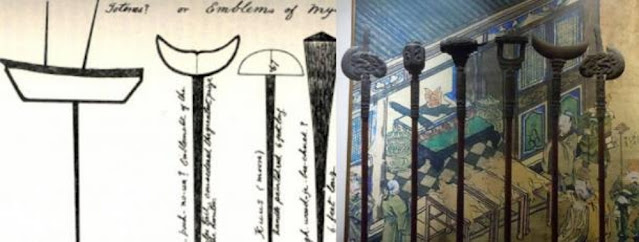 Справа: символы Beothuck на столбах, остров Ньюфаундленд. Слева: символы на столбах. Конфуцианский музей. Пекин