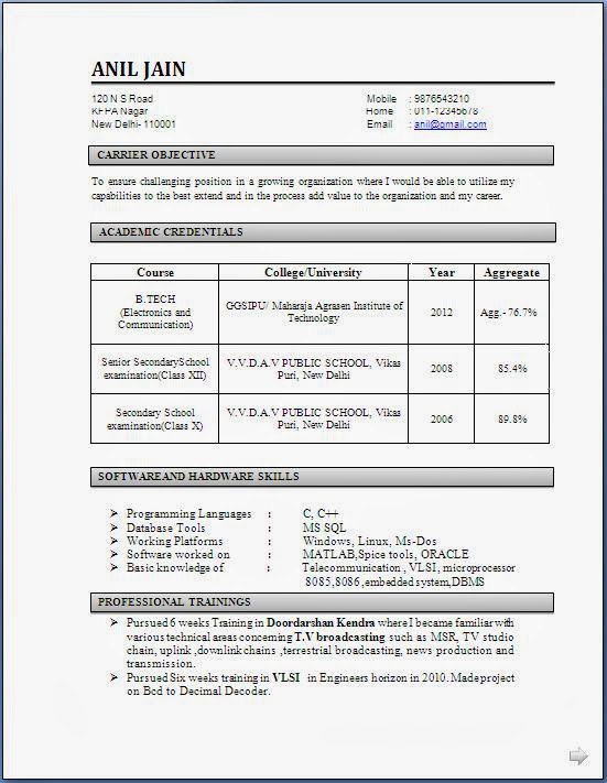 Sample Resume Format For Engineering Freshers