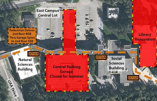 Map depicting the closure of the Central Parking Garage and associated pedestrian detour through the spine that runs from the second floor of the Natural Sciences Building, through the garage, to the Social Sciences Building.