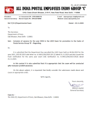 Inclusion of vacancy for the year 2024 in the LDCE Exam for promotion to the Cadre of Postal Service Gr "B" - AIPEU P3 CHQ Letter to Directorate