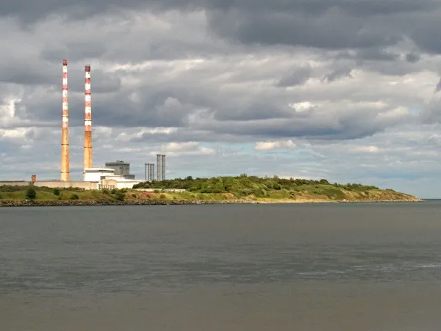 View of Poolbeg Towers on Sandymount Strand in Dublin in July