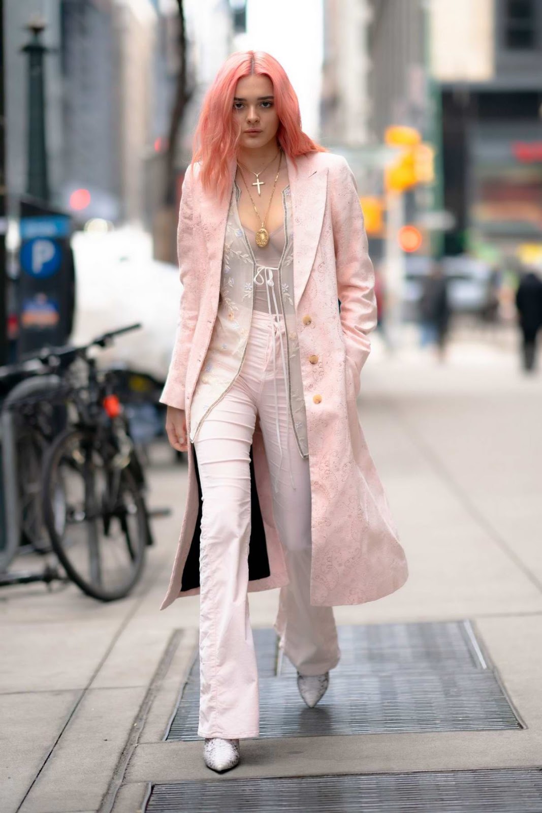 Charlotte Lawrence in Pink Ensemble Street Style Outfit in New York City
