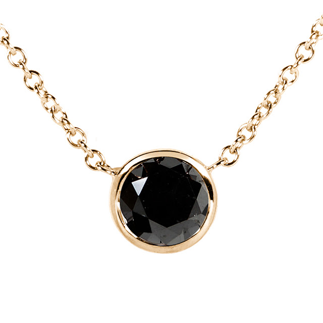 Black Diamond Solitaire 1 Carat Round Bezel Necklace in 14K Gold (16" Chain)