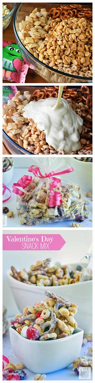 Valentine's Day Snack Mix is a delicious way to share the love with all of your favorite Valentines. This sweet snack mix is made with M&M's® Red Velvet candies, crispy cereal, crunchy pretzels, and salty peanuts all covered in creamilicious white chocolate and sparkly pink sprinkles! #RedVelvetLove #ad