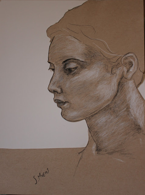 face, head, woman, charcoal, conte, cut, paper, Sarah, Myers, eyes, mouth, ear, hair, sketch, drawing, art, dibujo, arte, study, portrait, tan, brown, bristol, figurative, human, realistic, artwork, shading