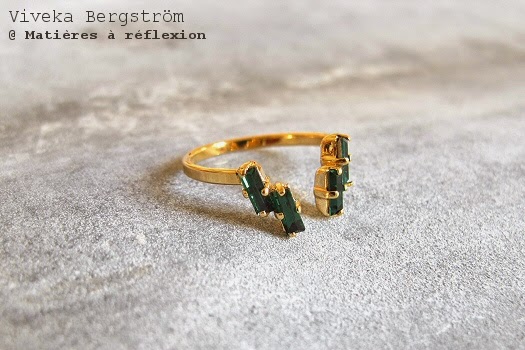 Viveka Bergstrom bijoux cristaux verts bague doré verte