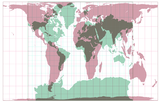 Gall-Peters Map Projection Overlaid on top of the Mercator Map Projection