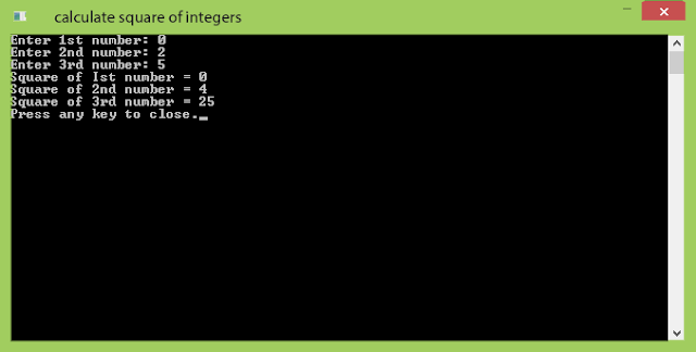 Calculate Square of 3 input integers using function and pointers