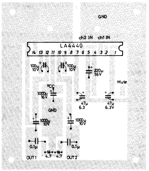 PCB Layout Circuit diagram for LA4440 Audio Amplifier 2x6w / 1x19W