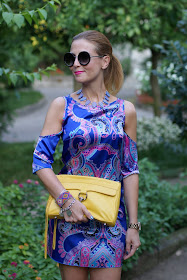 satin mini dress, Rebecca Minkoff yellow bag, paisley dress, Fashion and Cookies, fashion blogger