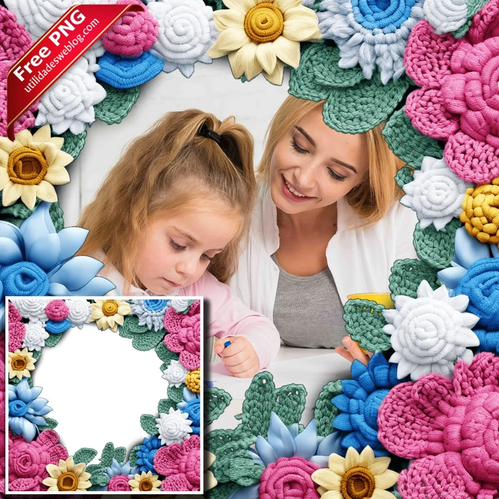 marco para fotos con flores de chrochet o bordadas en png con fondo transparente para descargar gratis