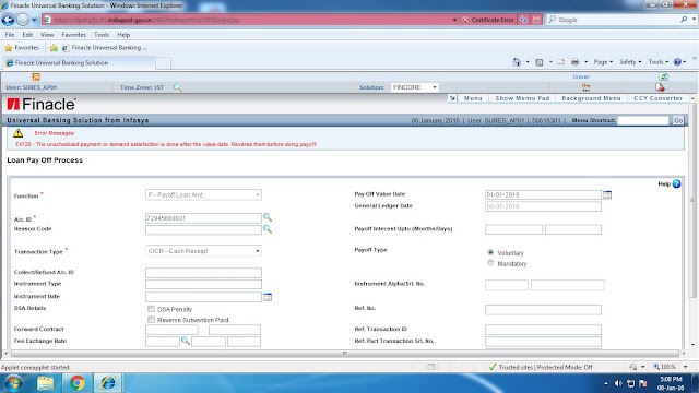 Solution for RD loan Payoff error in DOP Finacle