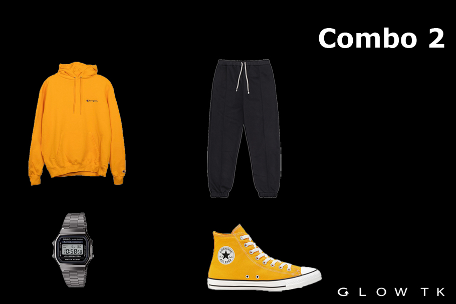 Hoodie + quần jogger + đồng hồ + giày Converse