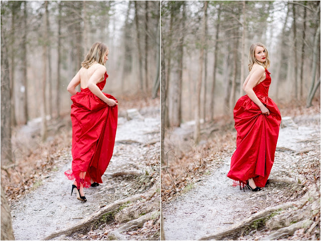 red dress forest woods park fashion photography