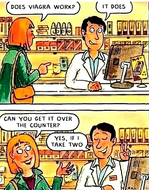 Cartoon of lady  buying Viagra
