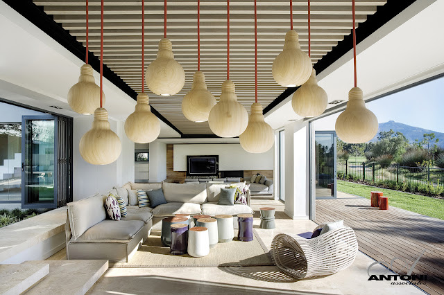 Picture of wooden lamps hanging from the ceiling in the living room