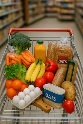 Well-organized grocery cart with fresh items on a budget