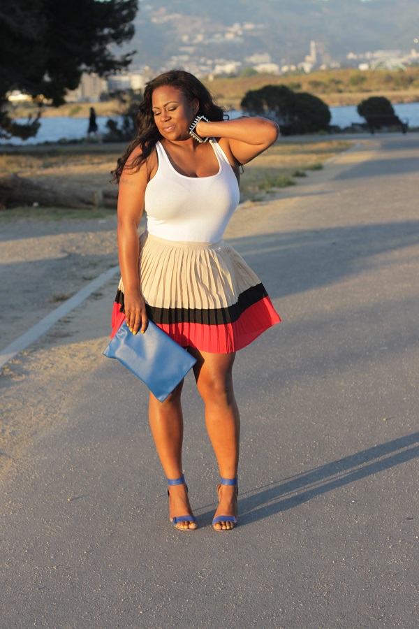 Pleated-color-block-Forever-21-skirt, white tank top, blue strappy heels