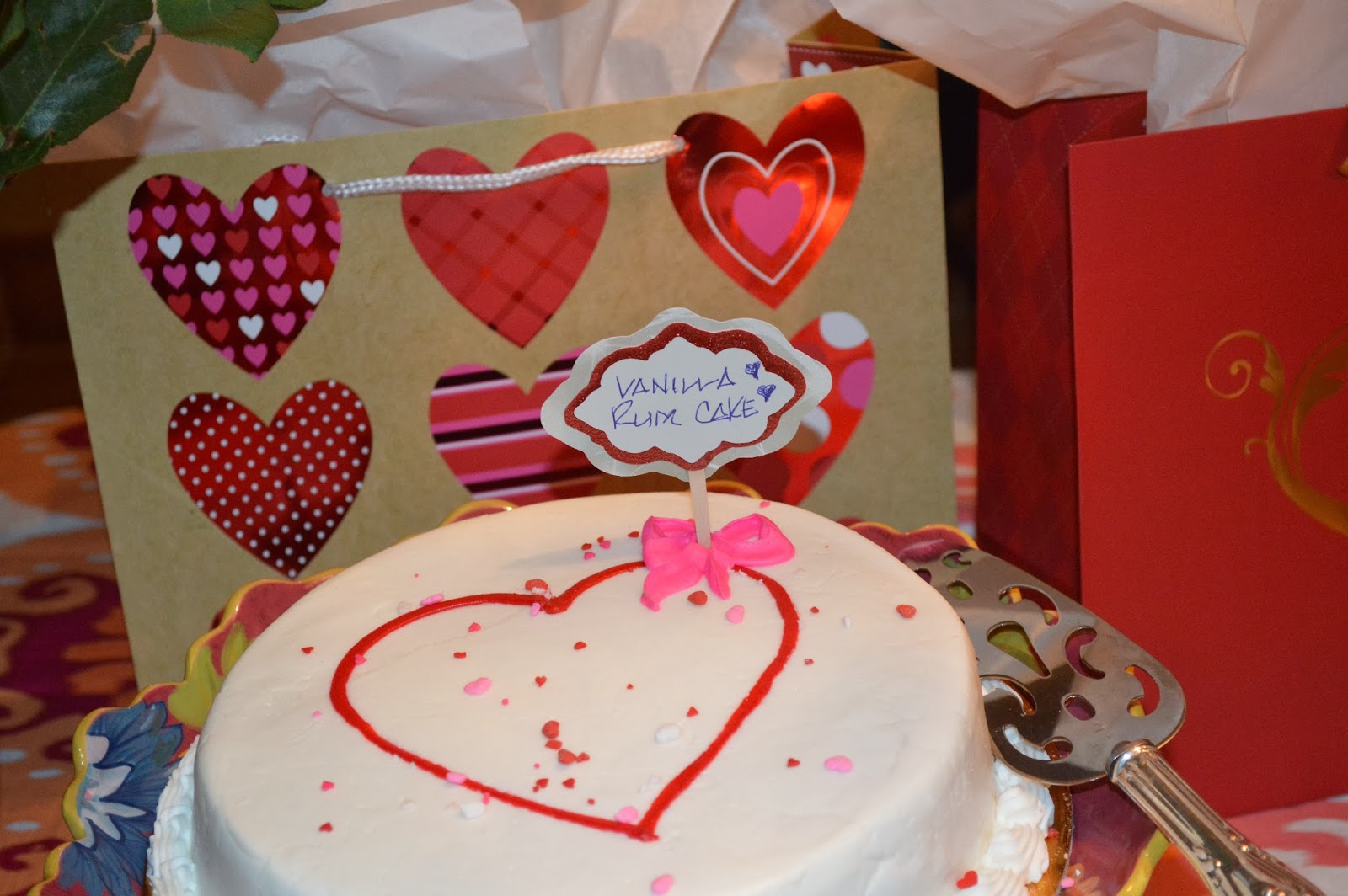 Valentine's Day, Valentine's Day Party, party, holiday party, theme party, hearts, food, party table, cake, Valentine's Day cake, rum cake