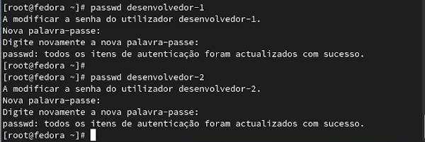 Criando a palavra passe para os dois utilizadores.