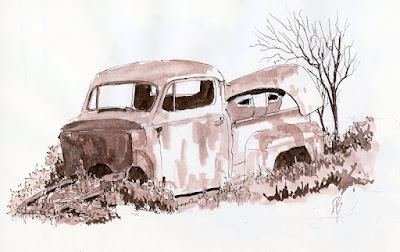 sketch pen ink abandoned ford truck