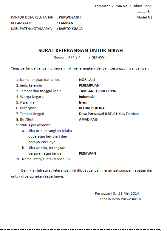 DESA PURWOSARI II: SURAT KETERANGAN UNTUK NIKAH