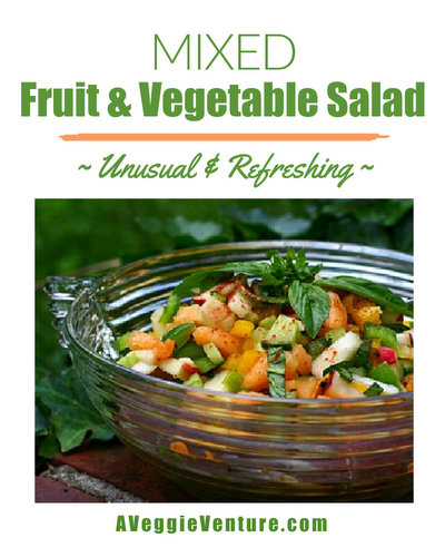 Mixed Fruit & Vegetable Salad ♥ AVeggieVenture.com, an unusual and refreshing salad, a bright mix of chopped fruits and vegetables tossed with no more than salt and pepper and a little cinnamon. Very Weight Watchers Friendly. Vegan. No Added Fat.
