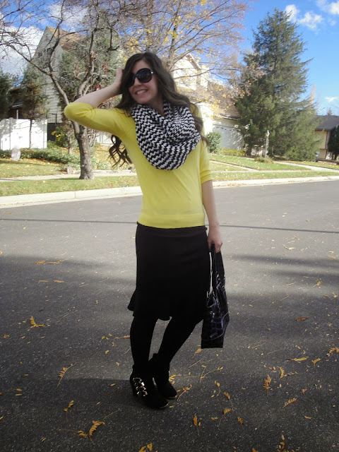 black and yellow, jcrew sweater, sweater, cashmere, ankle boots, ankle booties, frill skirt, tullip skirt, forever 21, tights, opaque tights, work wear, 