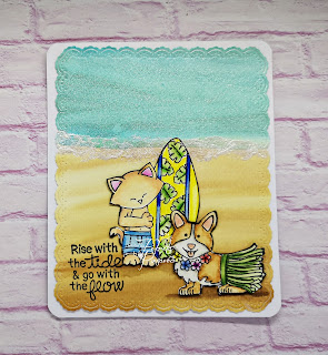 Rise with the tide and go with the flow by Fikreta features Newton's Perfect Wave and Corgi Beach by Newton's Nook Designs; #inkypaws, #newtonsnook, #puppycards, #dogcards, #catcards, #beachcards, #summercards, #cardmaking