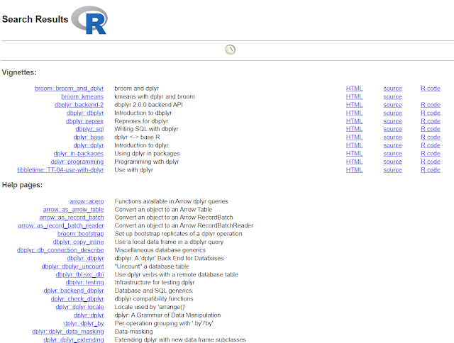 list of functions and its description of dplyr package. You can acess it by using the ??dplyr