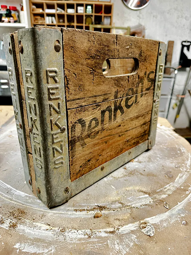 wooden crate with writing