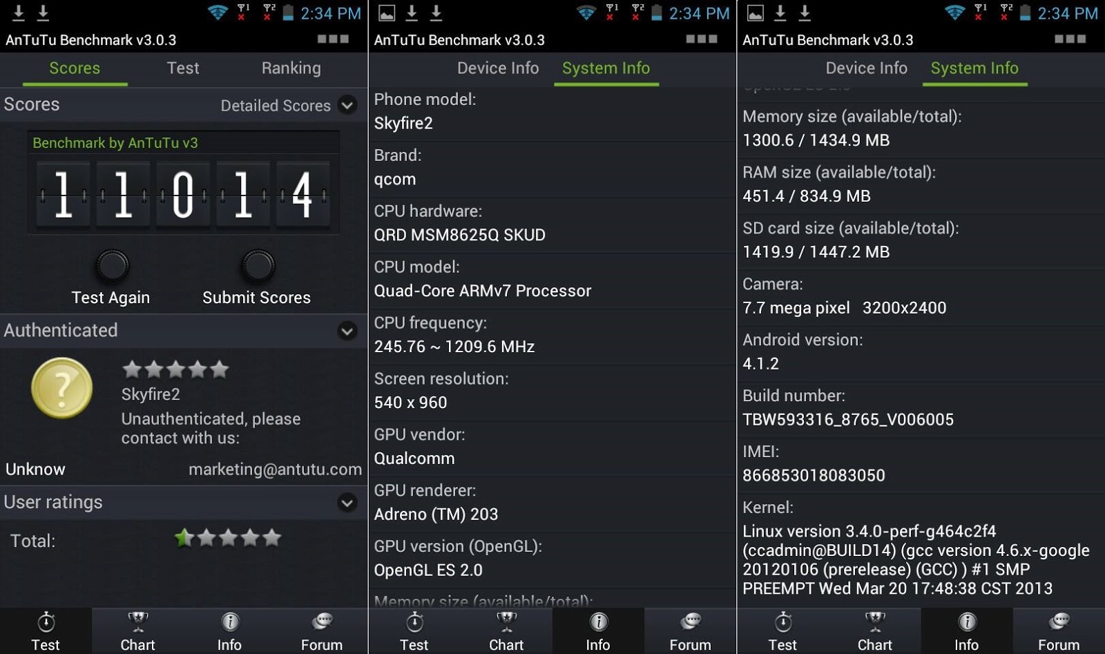 Cherry Mobile SkyFire 2.0 AnTuTu benchmark scores and system info