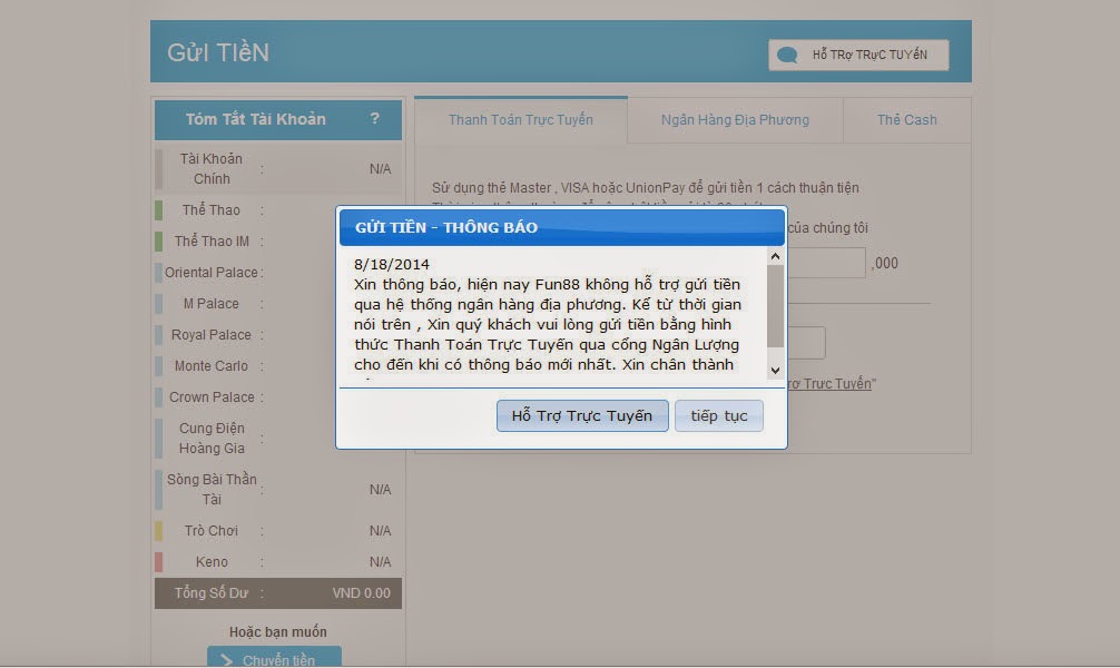 gởi tiền, huong dan goi tien fun88